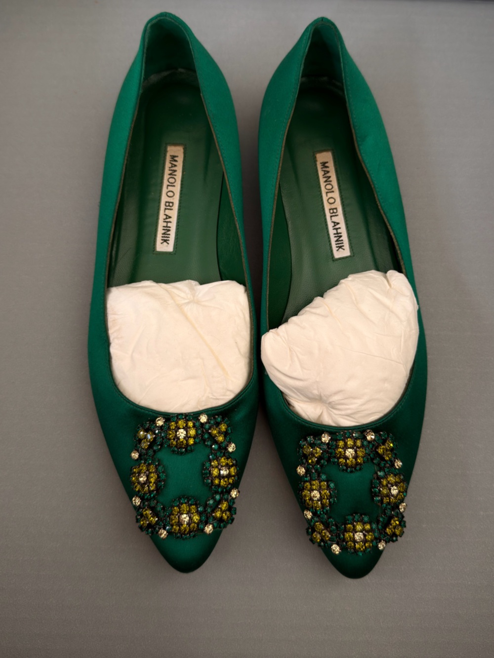 Manolo Blahnik Emerald Green Jeweled Satin Flats